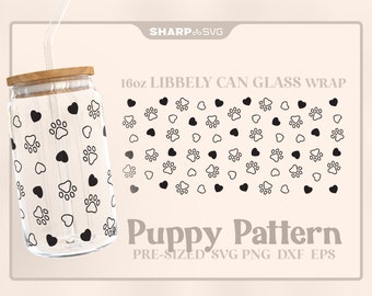 Paws and Hearts SVG Can Glass Wrap SVG • 16oz Glass Beer Can Cutfile • Can Template • digital files dxf eps png • Cricut • Silhouette