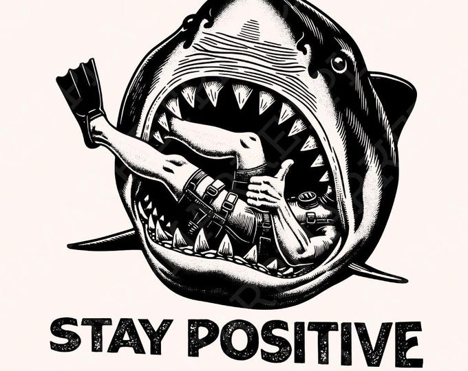 Stay Positive PNG, Funny Vintage PNG, Digital Download, Positive Vibes, Motivation png, Shark PNG, Retro Shirt Design, Halloween, Quirky