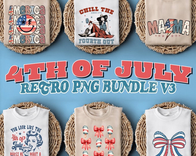 Retro 4th of July 6 PNGs Bundle, Patriotic Designs for Independence Day, America, Hot Dog, Mama, Coquette, Popsicle & More Sublimation Art