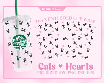 Cats & Hearts SVG for Starbks Venti Cold Cup 24 oz • Custom full wrap SVG for Coffee Cup • digital files dxf eps png • Cricut • Silhouette