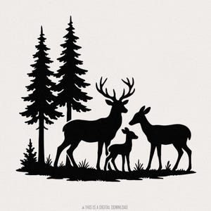 Silhouette di una famiglia di cervi in formato PNG, Animali della foresta boschiva in formato PNG, Download digitale di fauna selvatica, Pini rustici, Maglietta con scritta "Avventura all'aria aperta"