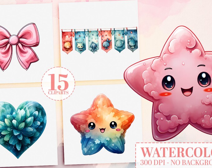 Watercolor Birthday Party Clipart Bundle: 15 Decorations, Balloons, Cake Topper, Banners, Bow Tie, Heart & Star Shapes PNG, Digital Crafting