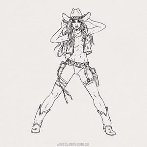 Posizione da cowgirl audace PNG, arte d'azione western, design di moda femminile per magliette, stile classico country, download digitale, cowgirl feroce