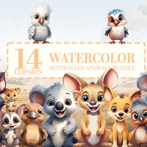 Australian Baby Animals Clipart Bundle, 14 Cute Outback Nursery Wall Art PNGs, Watercolor Baby Shower Graphics, Aussie Animals Sublimation