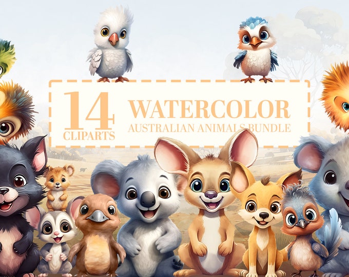 Australian Baby Animals Clipart Bundle, 14 Cute Outback Nursery Wall Art PNGs, Watercolor Baby Shower Graphics, Aussie Animals Sublimation
