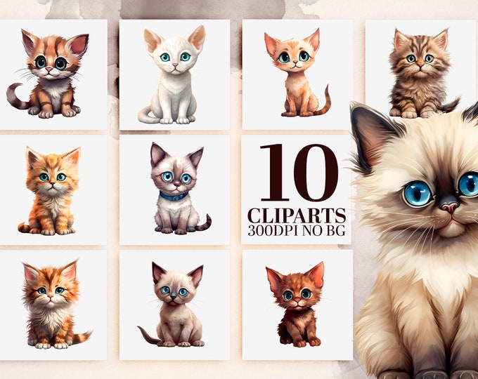 Cute Kitten Clipart Bundle, 10 Watercolor Cat Breeds, Printable Art, Sublimation PNG, Adorable Cats, Commercial Use, Instant Download