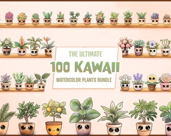 100 Kawaii Plant Clipart Mega Bundle – Cute PNG Watercolor Potted, Tropical Succulents, Floral Stickers for Scrapbooking, Planner Decor