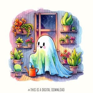 Fantasma con plantas de interior PNG, decoración de jardín caprichosa, ilustración espeluznante, clipart de fantasma amante de las plantas, descarga digital transparente