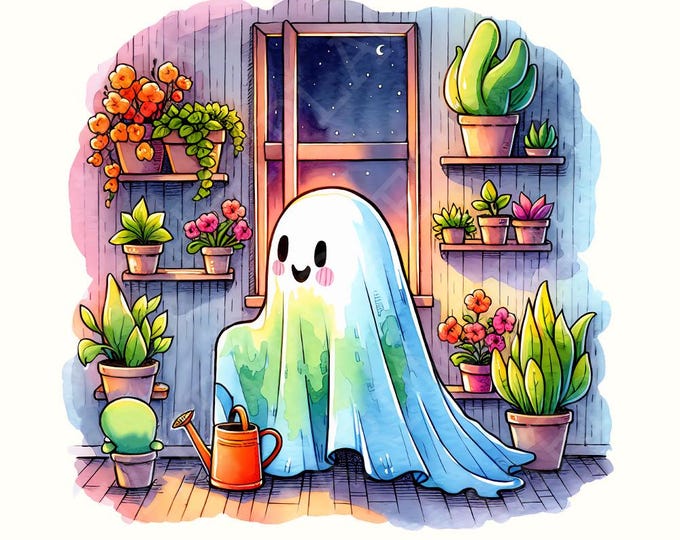 Cute Ghost with Houseplants PNG, Whimsical Garden Decor, Spooky Cute Illustration, Plant Lover Ghost Clipart, Transparent Digital Download