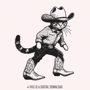 Vintage cowboy cat Png, cowboy western rétro Png, chat de cowboy mignon, design western drôle, cadeau nostalgique, coucher de soleil dans le désert, art numérique pays