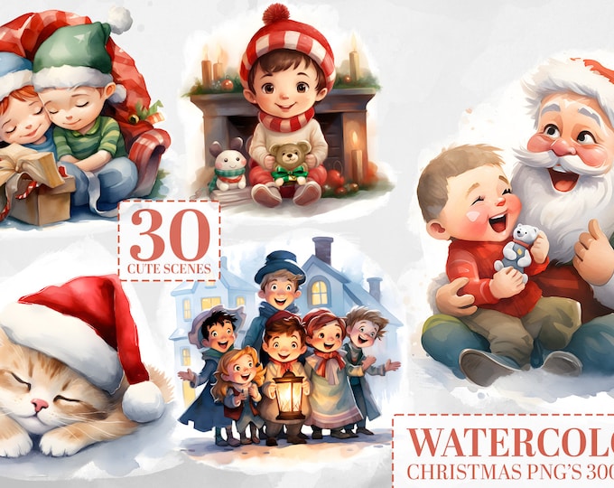 30 Watercolor Christmas Scene Clipart: Adorable Kids Christmas Moments, Country Christmas, Holiday Clipart, Christmas Village, Fireplace