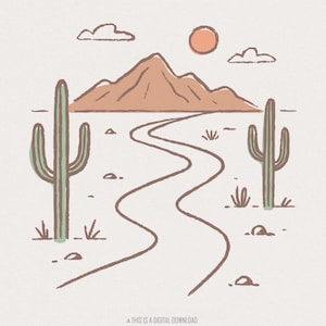 Arte PNG minimalista del deserto, paesaggio boho con cactus e montagne, decorazioni vintage del sud-ovest occidentale in PNG, download digitale stampabile in pastello