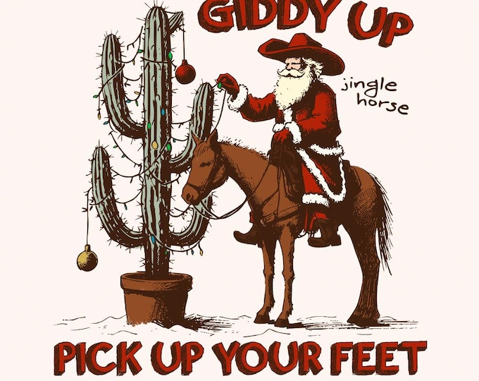 Giddy Up Jingle Horse PNG Digital Download, Western Christmas Design, Cowboy Christmas Sublimation, Retro Santa Claus, Cowgirl Christmas