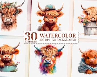 30 Watercolor Highland Cow Clipart Bundle, Nursery Wall Art, Baby Shower Graphics, Cow PNG, Farm Animal Printable Decor, Commercial Use