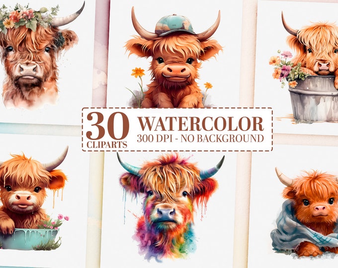 30 Watercolor Highland Cow Clipart Bundle, Nursery Wall Art, Baby Shower Graphics, Cow PNG, Farm Animal Printable Decor, Commercial Use