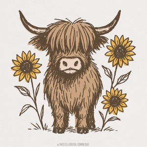 Highland Cow PNG Clipart, Cute Cow With Sunflowers PNG, Farmhouse Animal Art, Rustic Country Boho Digital Download, Western PNG Print File