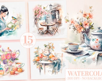15 Watercolor Tea Party Garden Clipart Bundle, Spring Flowers PNG, Cottagecore Countryside Floral Scenes, Commercial Use, Instant Download