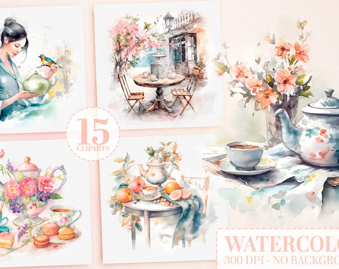 15 Watercolor Tea Party Garden Clipart Bundle, Spring Flowers PNG, Cottagecore Countryside Floral Scenes, Commercial Use, Instant Download