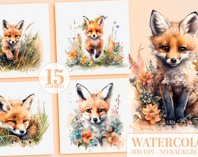 Watercolor Fox Nursery Bundle: 15 Digital Clip Art, Sublimation PNG, Printable Wall Art, Fox Decor, Scrapbooking, Woodland Animal, Crafting