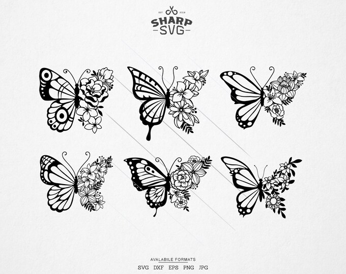 Floral butterfly SVG - Butterflies and flowers - Butterfly Bundle SVG - Butterfly Clipart - For Cricut Silhouette and more