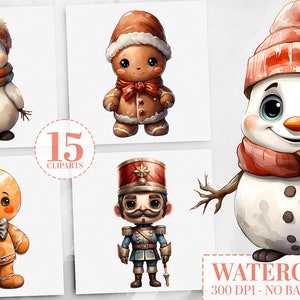 Pacote de clipart de Natal: 5 bonecos de gengibre, 5 bonecos de neve, 5 PNGs de quebra-nozes, decoração de Natal em aquarela, clipart de feriado, criação de cartões