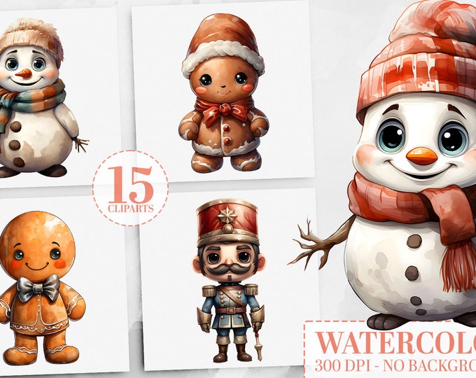 Christmas Clipart Bundle: 5 Gingerbread Man, 5 Snowman, 5 Nutcracker PNGs, Watercolor Christmas Decor, Holiday Clipart, Card Making