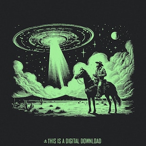 Cowboy OVNI PNG, vaisseau spatial extraterrestre rétro, design occidental vintage, téléchargement numérique, art de science-fiction, scène du désert, chemise tendance, Illustration rétro
