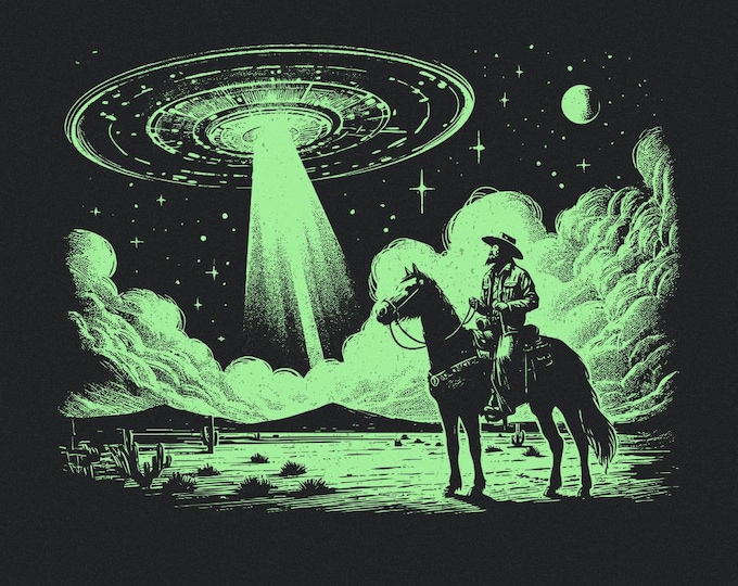 Cowboy UFO PNG, Retro Alien Spaceship, Vintage Western Design, Digital Download, Sci-Fi Art, Desert Scene, Trendy Shirt, Retro Illustration