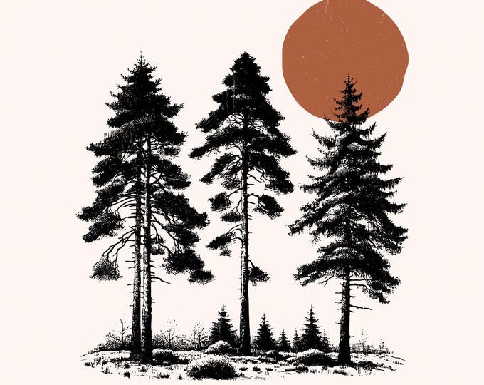 Mountain Range Sun PNG, Sunrise Pine Trees, Christmas Trees Clipart Bundle, Silhouette Digital Download, Retro Distressed Vintage Graphic