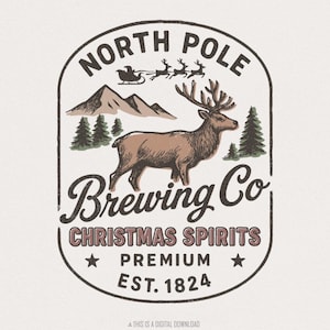 Birra North Pole Brewing Co. Bevande alcoliche natalizie PNG, Birra alla renna PNG, Maglietta natalizia vintage, Slitta di Babbo Natale, Decorazioni per bar natalizie, Premium 1824