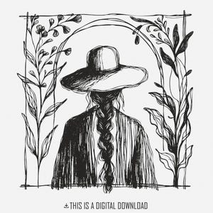 Boho rustique Illustration PNG, cow-girl minimaliste avec chapeau et tresses, téléchargement numérique d'art botanique, clipart esthétique country vintage