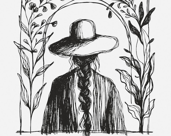 Rustic Boho Illustration PNG, Minimalist Cowgirl with Hat and Braids, Botanical Art Digital Download, Vintage Country Aesthetic Clipart