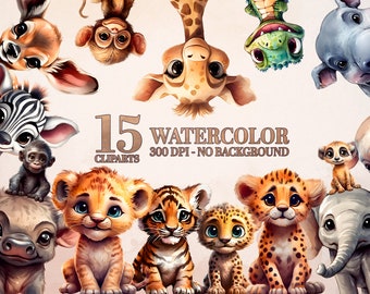 Safari Baby Animals Clipart Bundle, 15 Cute Jungle Nursery Wall Art PNGs, Watercolor Baby Shower Graphics, Safari Sublimation, Printable Art