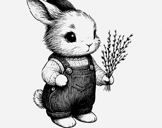 Cute Bunny Botanical PNG, Bunny Clipart, Easter Digital Download, Floral Silhouette, Happy Easter Digital Art