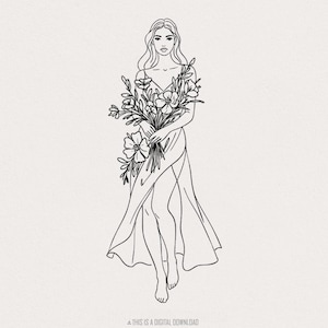 Elegante signora con fiori PNG, arte floreale della donna, design delicato femminile per magliette, dea dei fiori, illustrazione di moda, download