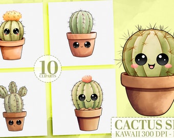 10 Cute Kawaii Cactus Clipart Bundle, Unique Cactus Plants PNG, Kawaii Succulent, Chibi Desert Cacti, Instant Download, Commercial Use