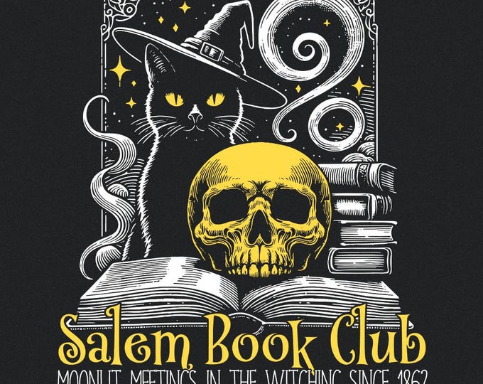 Salem Book Club PNG, Spooky Season, Retro Halloween Tee, Bookish Halloween, Sublimation Design, Black Cat PNG, Witchy PNG, Fall Vibes