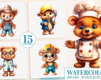 Career Teddy Bear Watercolor Clipart, 15 PNG Bundle, Cosplay Teddy Bears, Baby Shower Decor, Teddy Bears, Chef to Pirate, Commercial Use