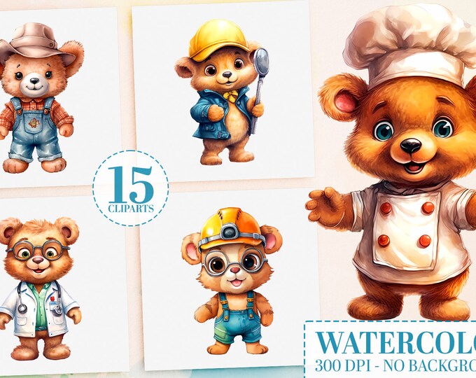 Career Teddy Bear Watercolor Clipart, 15 PNG Bundle, Cosplay Teddy Bears, Baby Shower Decor, Teddy Bears, Chef to Pirate, Commercial Use