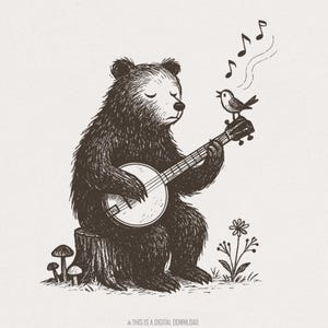 Orso che suona il banjo con uccellino che canta in formato PNG - Arte popolare con animali stravaganti, scena musicale nel bosco, design per maglietta con download digitale in formato PNG