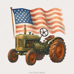 Tractor patriótico vintage PNG, gráfico de la vida en la granja con la bandera estadounidense, sublimación del Día de la Independencia, diseño rústico de EE. UU., arte del 4 de julio
