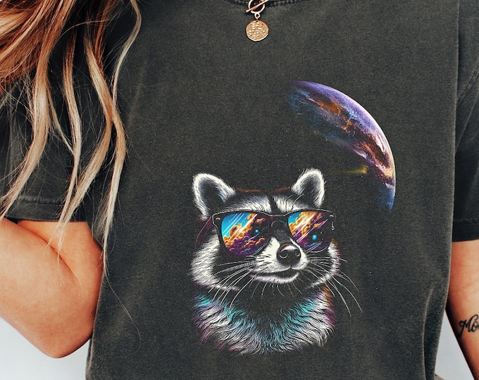 Cosmic Raccoon PNG, Space Sunglasses Art, Neon Animal Illustration, Cool Raccoon with Glasses, Galaxy Reflection, Digital Download