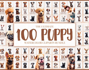 100 Watercolor Puppy Clipart Bundle, Dog Breeds PNG, Sublimation Designs, Pet Portraits, Dog Lovers, Printable Art, Instant Download