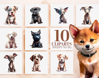 Cute Watercolor Puppy Clipart Bundle - 10 Dog Breeds, Sublimation PNG, Printable Art, Charming Dog Illustrations, Commercial Use