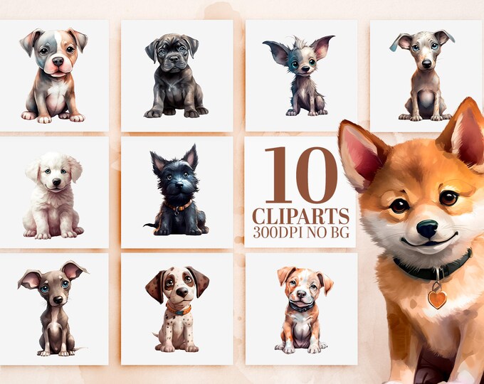 Cute Watercolor Puppy Clipart Bundle - 10 Dog Breeds, Sublimation PNG, Printable Art, Charming Dog Illustrations, Commercial Use