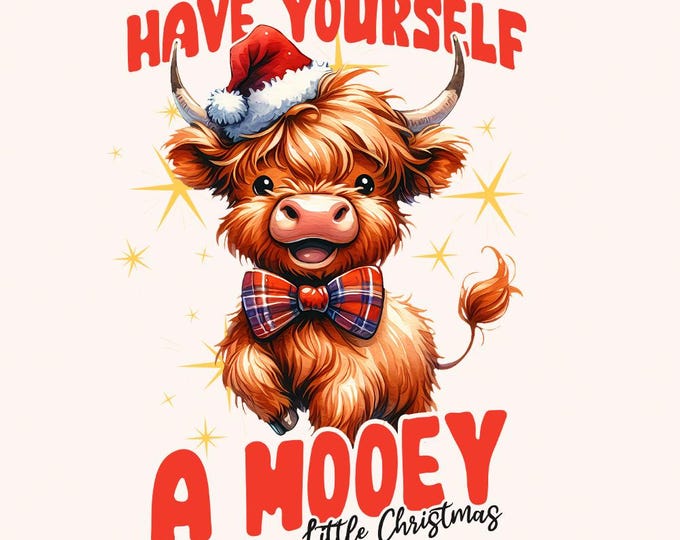 Highland Mooey Christmas PNG, Western Christmas PNG, Coquette Holiday Design, Funny Highland Cow, Digital Download, Watercolor Clipart
