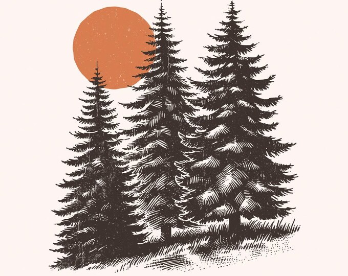Sunrise Pine Trees PNG, Mountain Range Sun PNG, Christmas Trees Clipart Bundle, Silhouette Digital Download, Retro Distressed Vintage