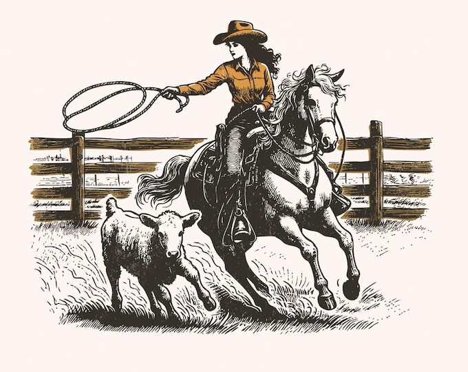Retro Cowgirl Lasso PNG, Western Rodeo Art, Vintage Cowgirl png, Wild West Scene, Retro Illustration, Cowgirl PNG, Cowboy and Horse Design