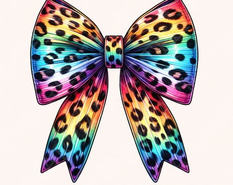 Rainbow Leopard Bow PNG, Colorful Hair Bow Clipart, Animal Print Digital Art, Trendy Accessories Design, Instant Download, Vibrant Bow Image