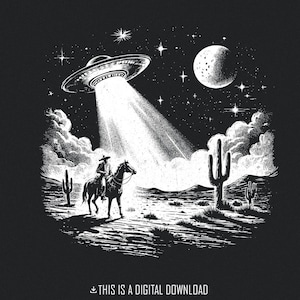 Cowboy OVNI PNG, vaisseau spatial extraterrestre rétro, design occidental vintage, téléchargement numérique, art de science-fiction, scène du désert, chemise tendance, Illustration rétro
